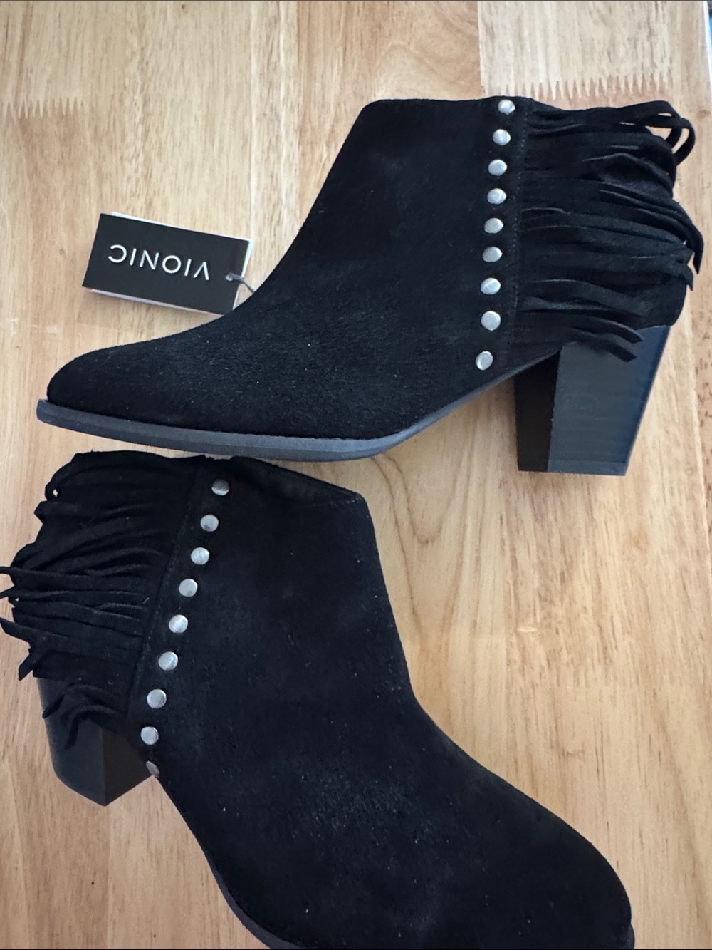 Vionic Black Suede Fringe Ankle Booties with Silver Studs